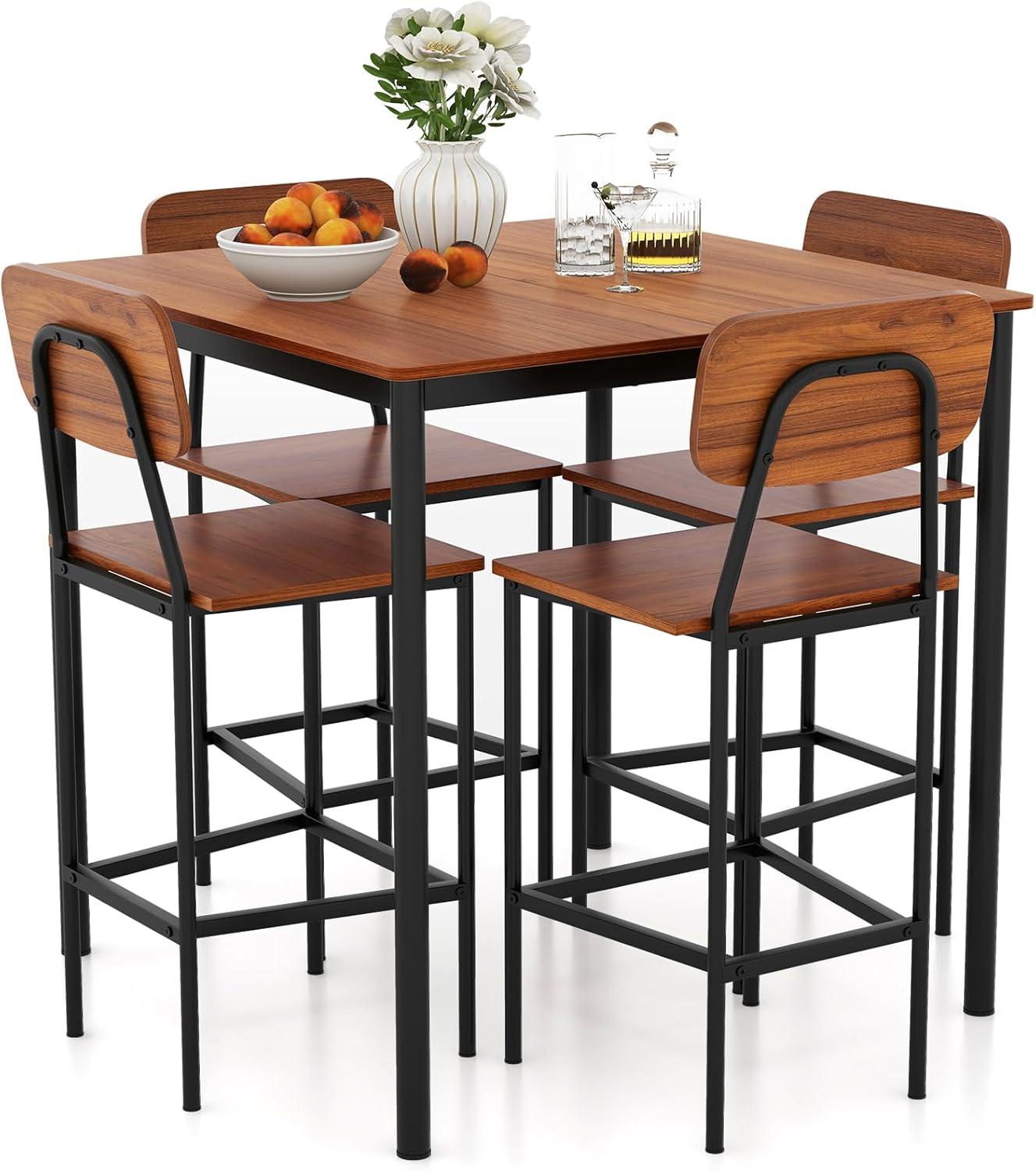 Giantex 5-Piece Dining Table Set W/Counter Height Table & 4 Bar Stools, Modern Kitchen Dining Set W/Footrest & Backrest, Space-Saving Dinette Set for Pub, Dining Room, Restaurant (Black Oak)