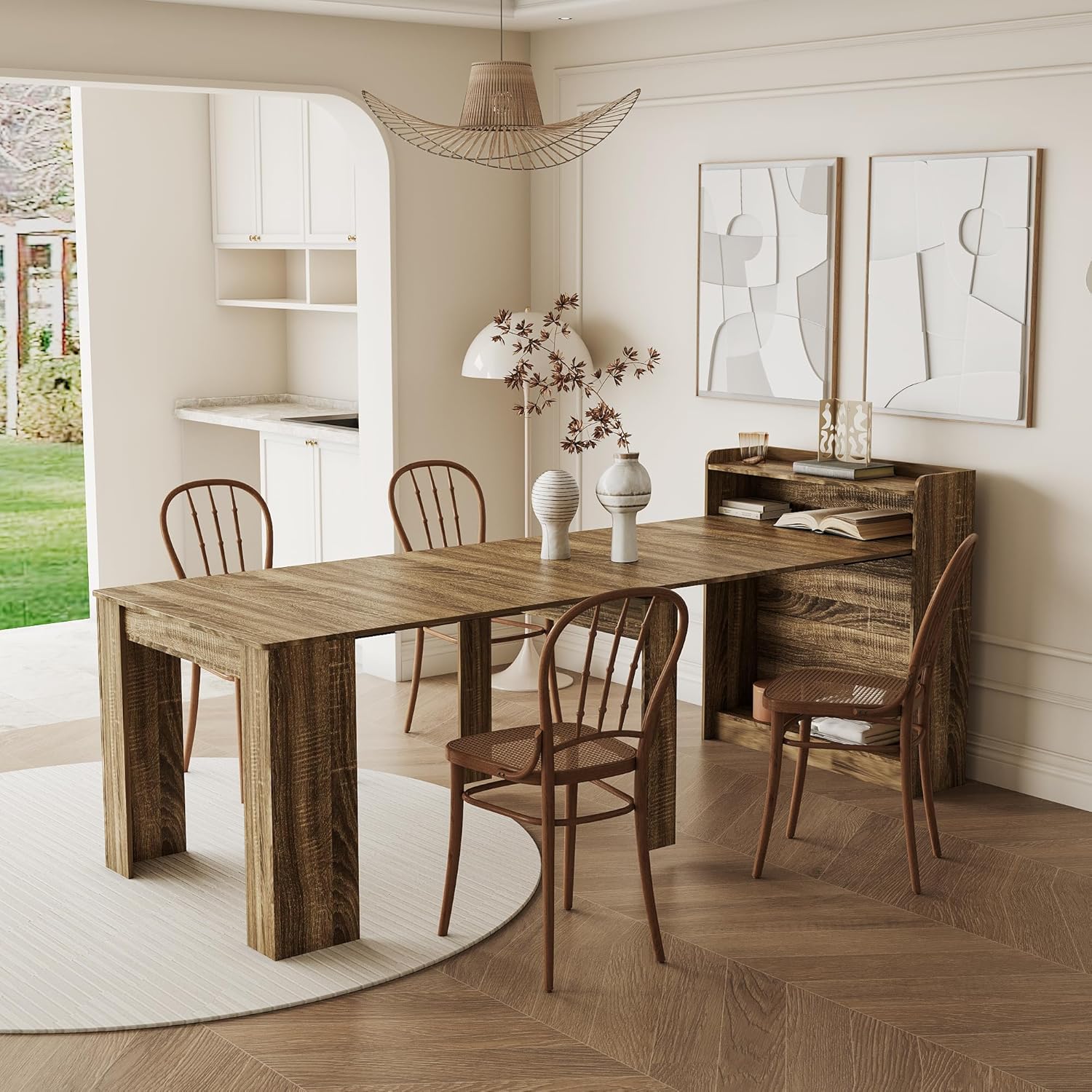 Extendable Dining Table, Transformer Folding Console Table for 10-12 People, Space Saving Dining Room Table for Apartments & Homes, Walnut