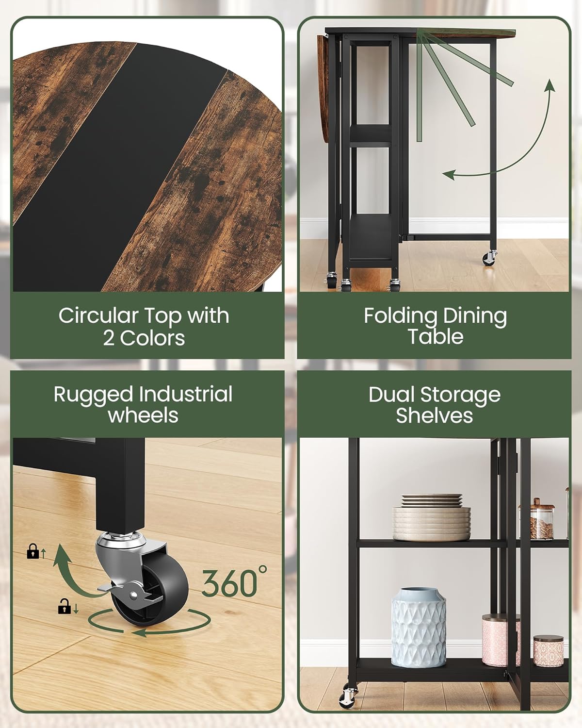 Folding Dining Table, Kitchen Table with 6 Wheels, Folding Round Table with 2-Layer Storage Shelf, Space Saving Dining Table for Small Spaces, Stable, Easy Assembly, Rustic Brown TCZ03BF