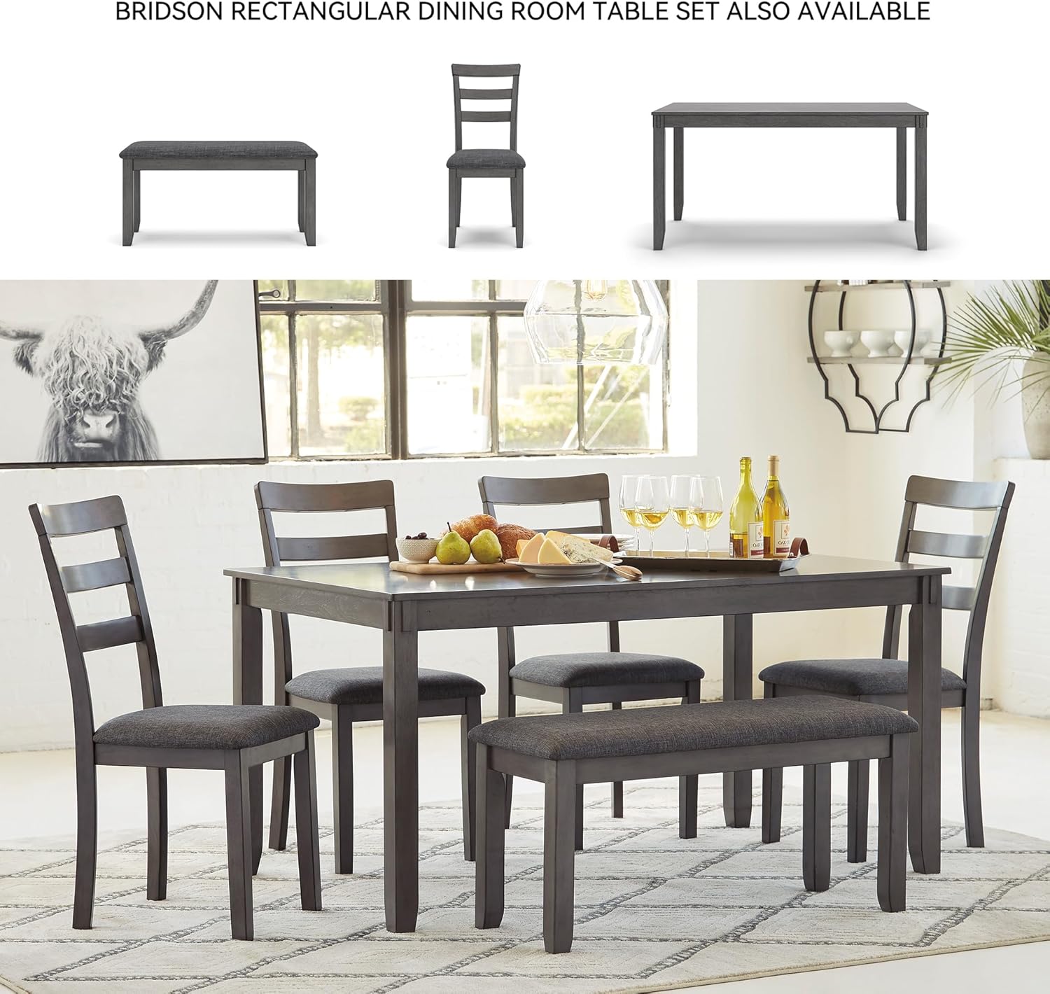 Signature Design by Ashley Bridson 5 Piece Dining Room Set, Includes Table & 4 Ladderback Barstools, Wood, Gray