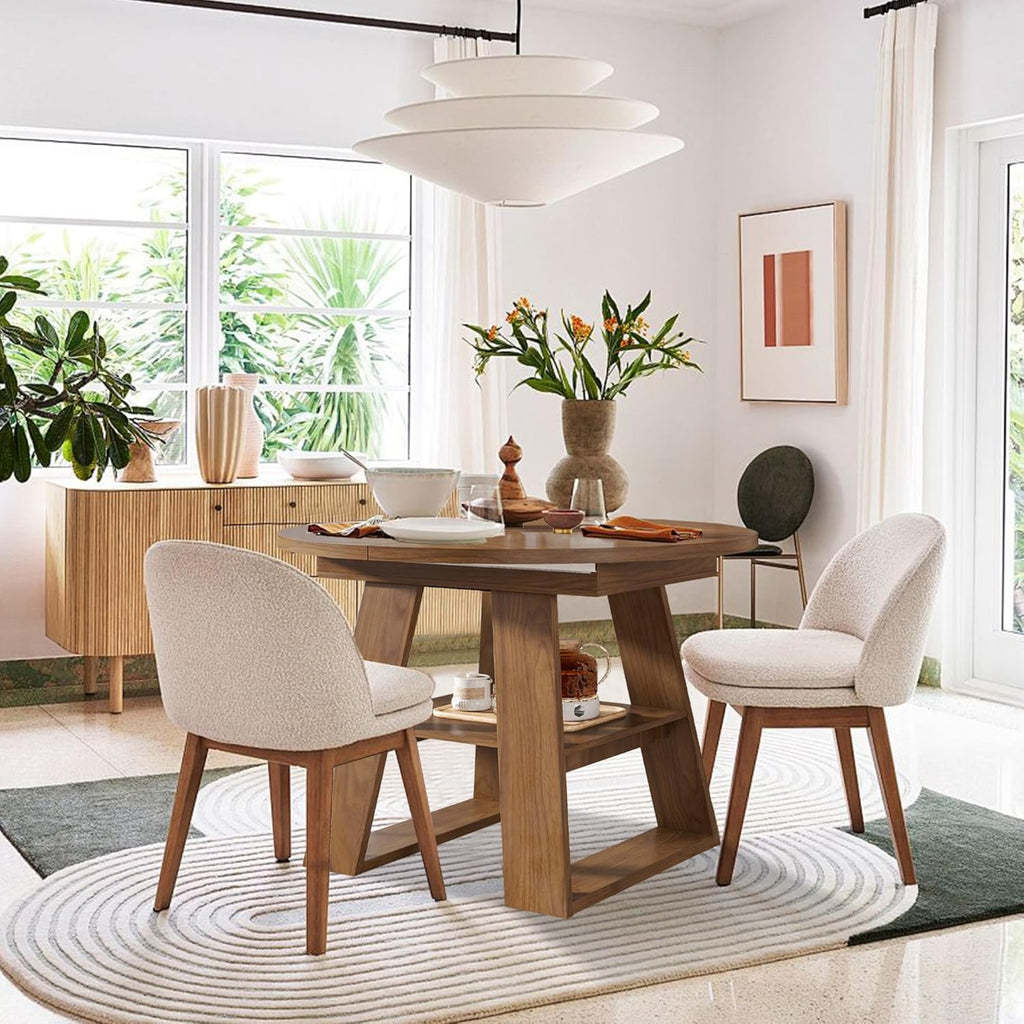 43.3in-59in Extendable Round Dining Table for 4-8, Modern Kitchen Oval Dining Table with Removable Leaves Space Saving, Wood Base with Storage Shelf for Kitchen Living Room, Walnut Style 2