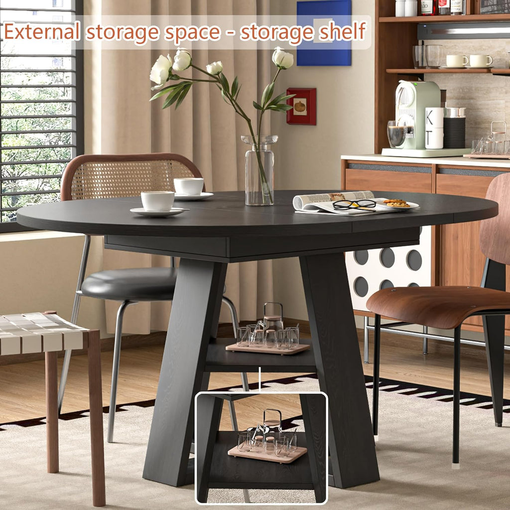 43.3in-59in Extendable Round Dining Table for 4-8,Modern Kitchen Oval Dining Table with Removable Leaves Space Saving,Wood Base with Storage Shelf for Kitchen Living Room (Black)