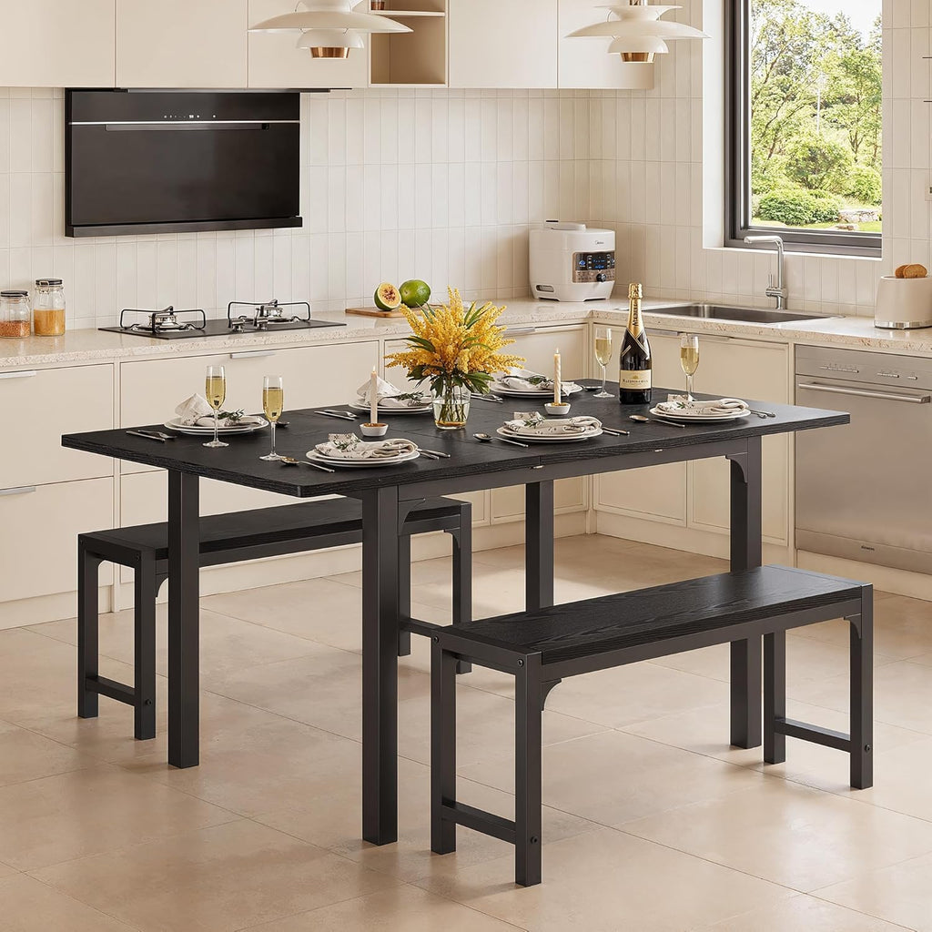 Ahomly 63“ Large Extendable Dining Table Set for 4-6 with 180° Smart-Flip Pivot, Kitchen Table Set with Bench, Dining Room Table with Metal Frame & MDF Board, Perfect for Small Space, Black