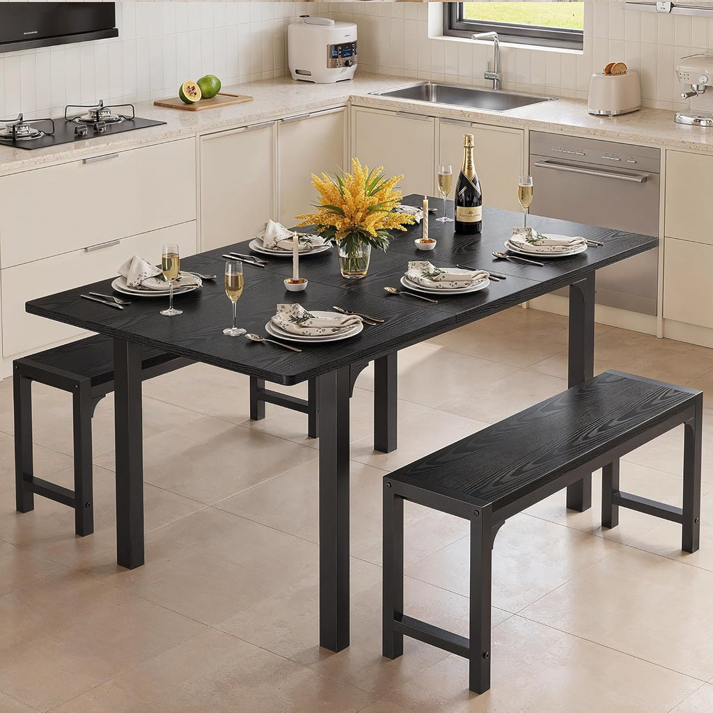 Ahomly 63“ Large Extendable Dining Table Set for 4-6 with 180° Smart-Flip Pivot, Kitchen Table Set with Bench, Dining Room Table with Metal Frame & MDF Board, Perfect for Small Space, Black