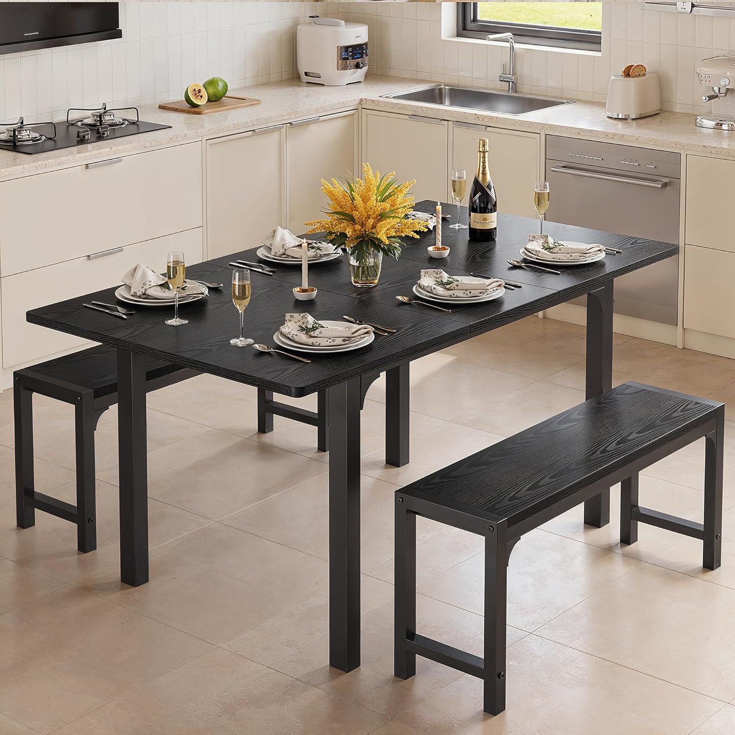 Ahomly 63“ Large Extendable Dining Table Set for 4-6 with 180° Smart-Flip Pivot, Kitchen Table Set with Bench, Dining Room Table with Metal Frame & MDF Board, Perfect for Small Space, Black