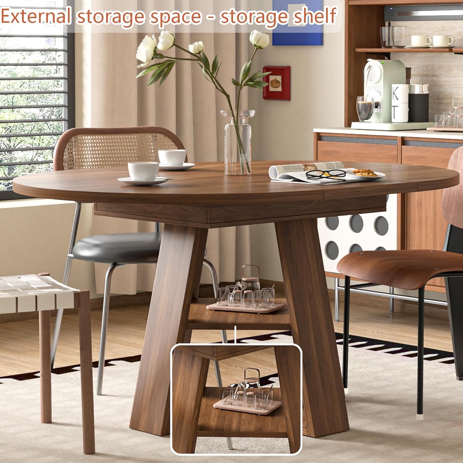 43.3in-59in Extendable Round Dining Table for 4-8,Modern Kitchen Oval Dining Table with Removable Leaves Space Saving,Wood Base with Storage Shelf for Kitchen Living Room (Walnut)