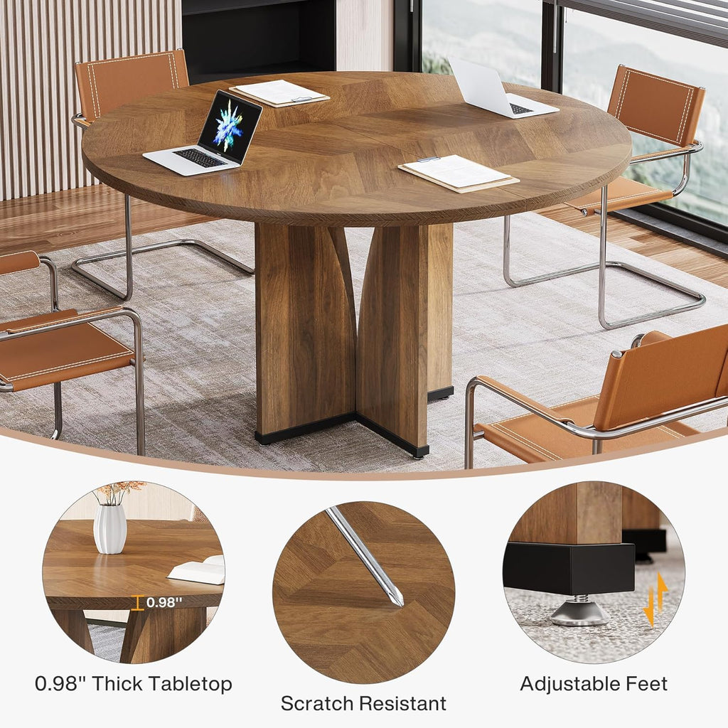 Tribesigns 39" Round Conference Table for 4, Modern Round Meeting Table with Sturdy Base, Small Compact Conference Room Tables for Office, Training, or Negotiation (Brown)