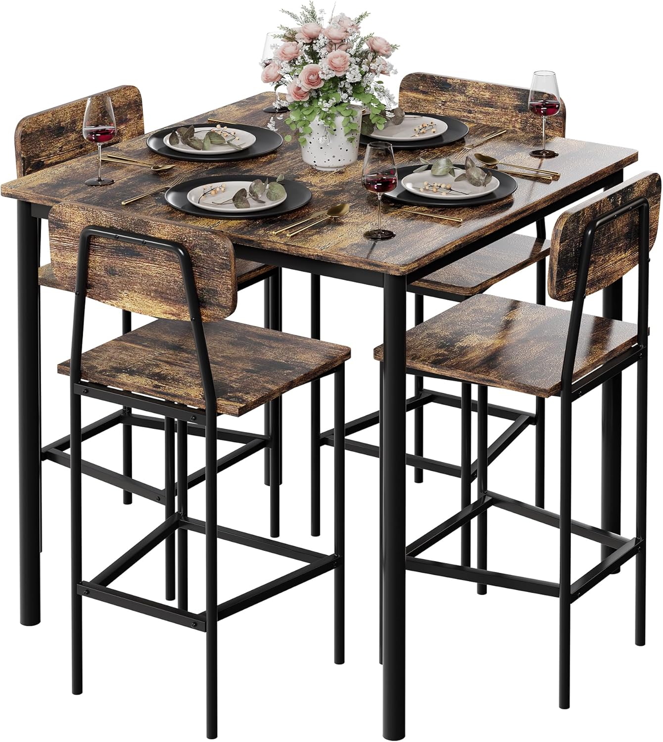 Kitchen Table and Chairs of 4, 5 Piece Dining Table Set, Sturdy Industrial Space Saving Dinette Set for Pub, Family Dinners, Apartment, Gray