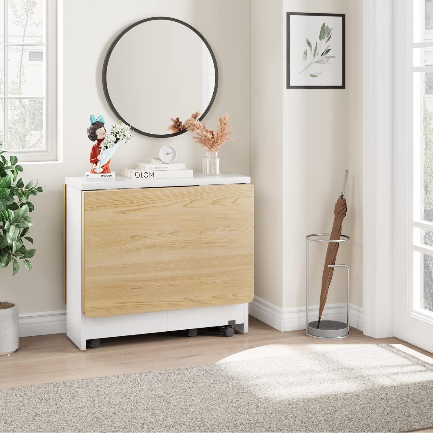 IDEALHOUSE FoldingTable, Drop Leaf Dining Table with 6 Wheels and 2-Layer Storage Shelf, Space Saving Table for Small Spaces (Natural Wood, 47.2" D x 23.6" W x 29.5" H)