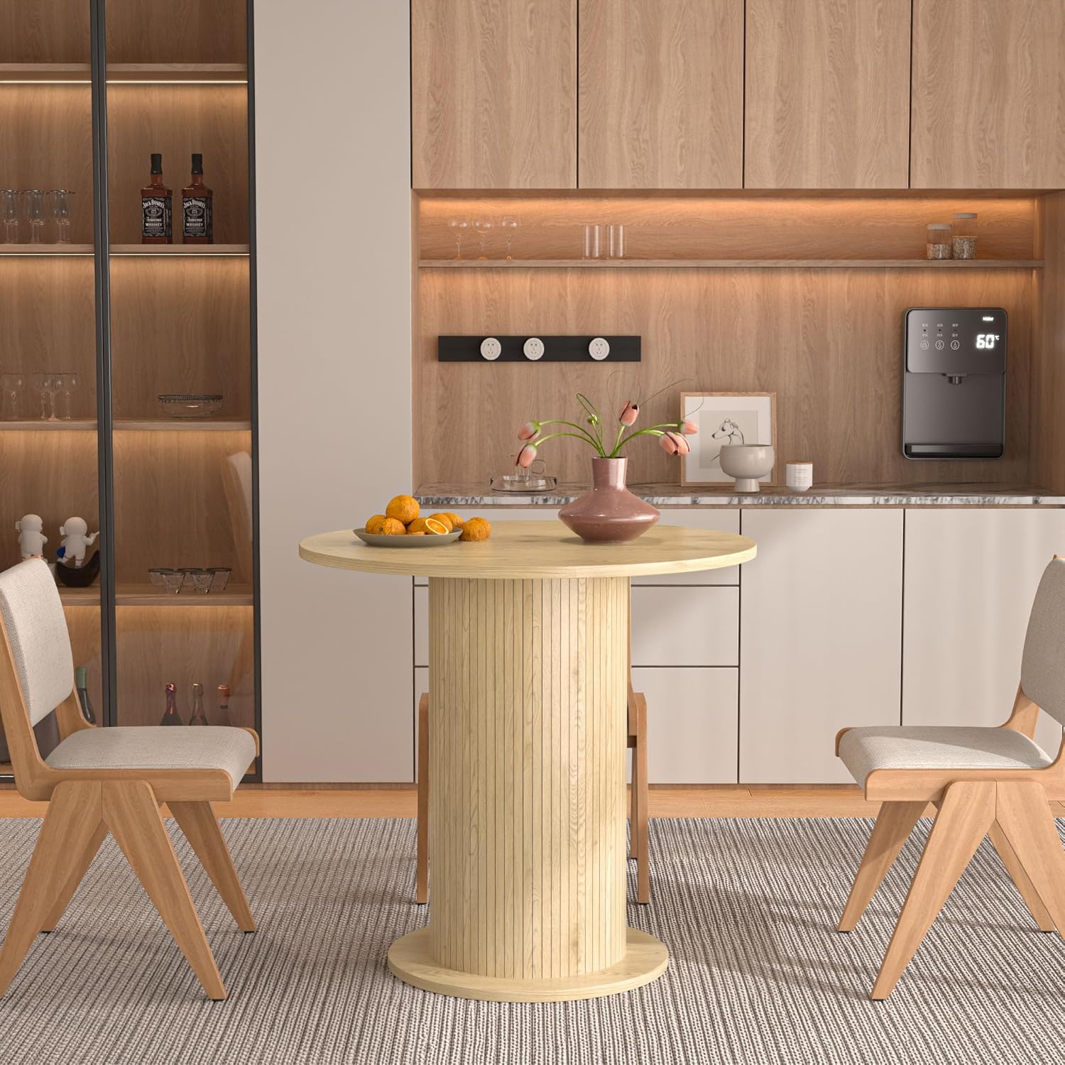 31.5 inch Round Dining Table for 2, Modern Farmhouse Kitchen Table, Small Circle Dining Tables with Wood Strip Base for Kitchen Living Room (Walnut)