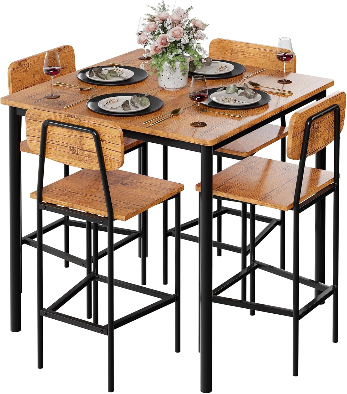 Kitchen Table and Chairs of 4, 5 Piece Dining Table Set, Sturdy Industrial Space Saving Dinette Set for Pub, Family Dinners, Apartment, Gray