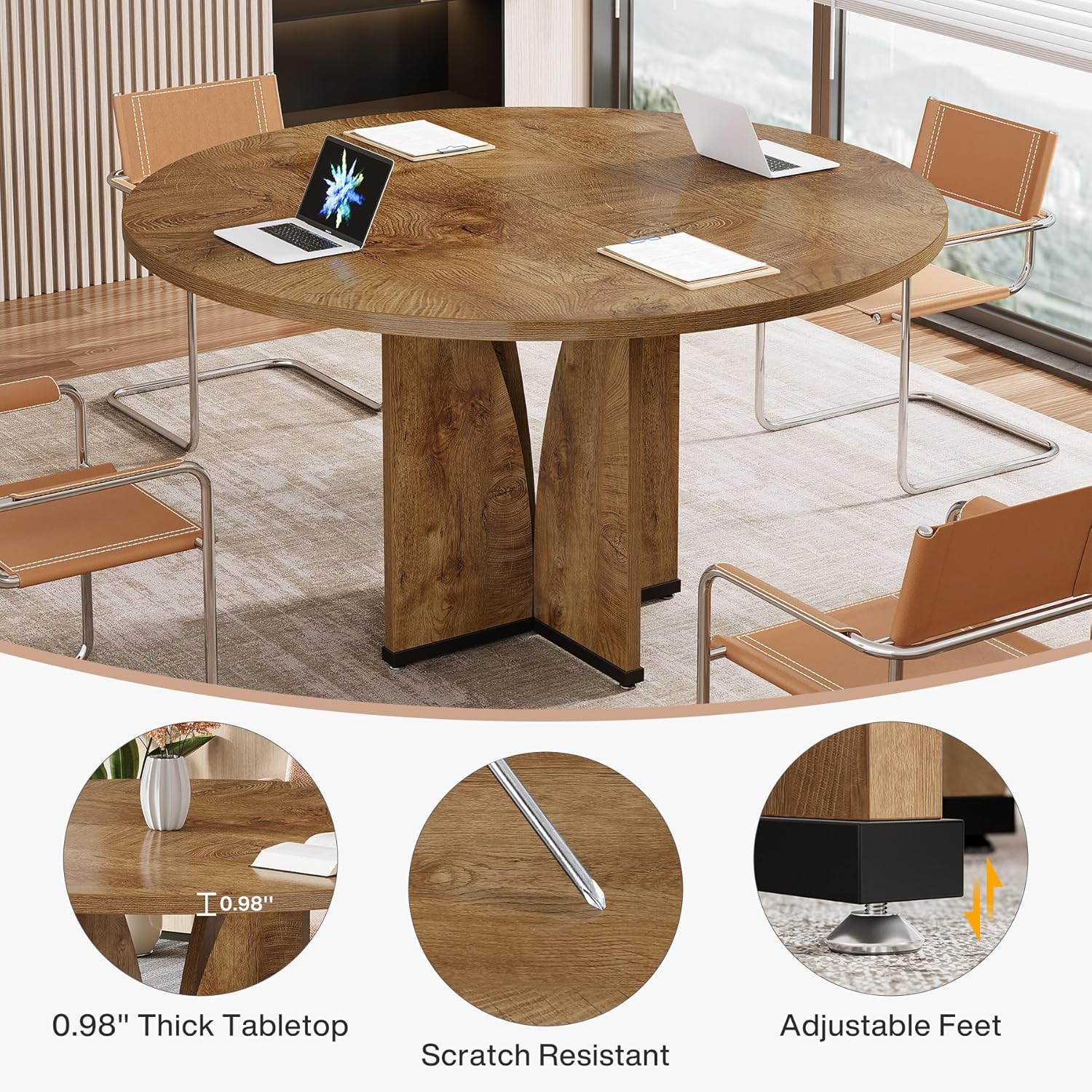 Tribesigns 39" Round Conference Table for 4, Modern Round Meeting Table with Sturdy Base, Small Compact Conference Room Tables for Office, Training, or Negotiation (Vintage Brown)