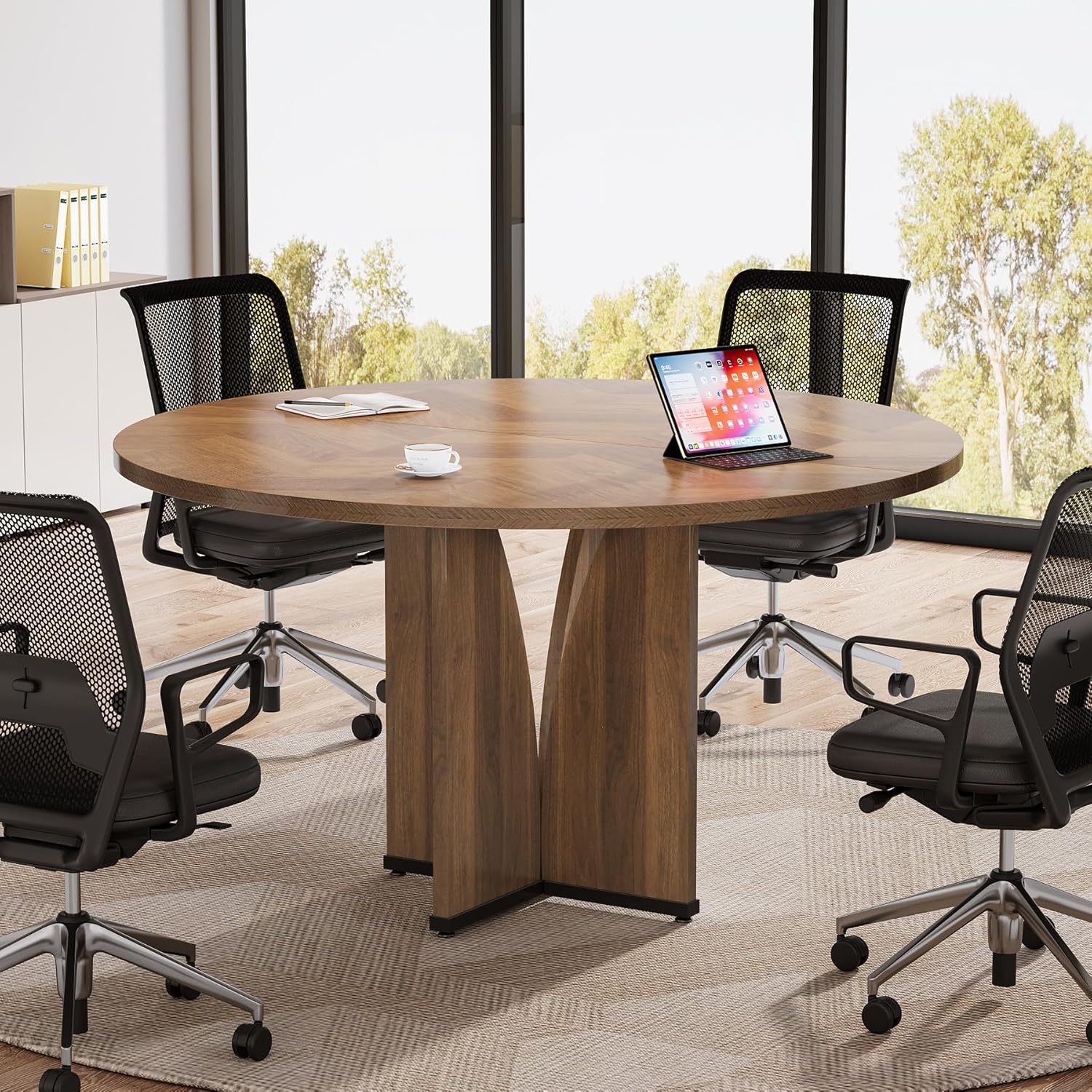 Tribesigns 39" Round Conference Table for 4, Modern Round Meeting Table with Sturdy Base, Small Compact Conference Room Tables for Office, Training, or Negotiation (Vintage Brown)