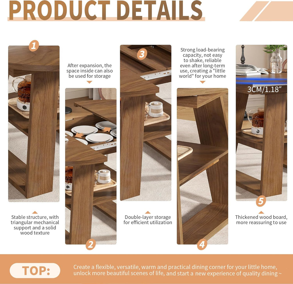 43.3in-59in Extendable Round Dining Table for 4-8, Modern Kitchen Oval Dining Table with Removable Leaves Space Saving, Wood Base with Storage Shelf for Kitchen Living Room, Walnut Style 2