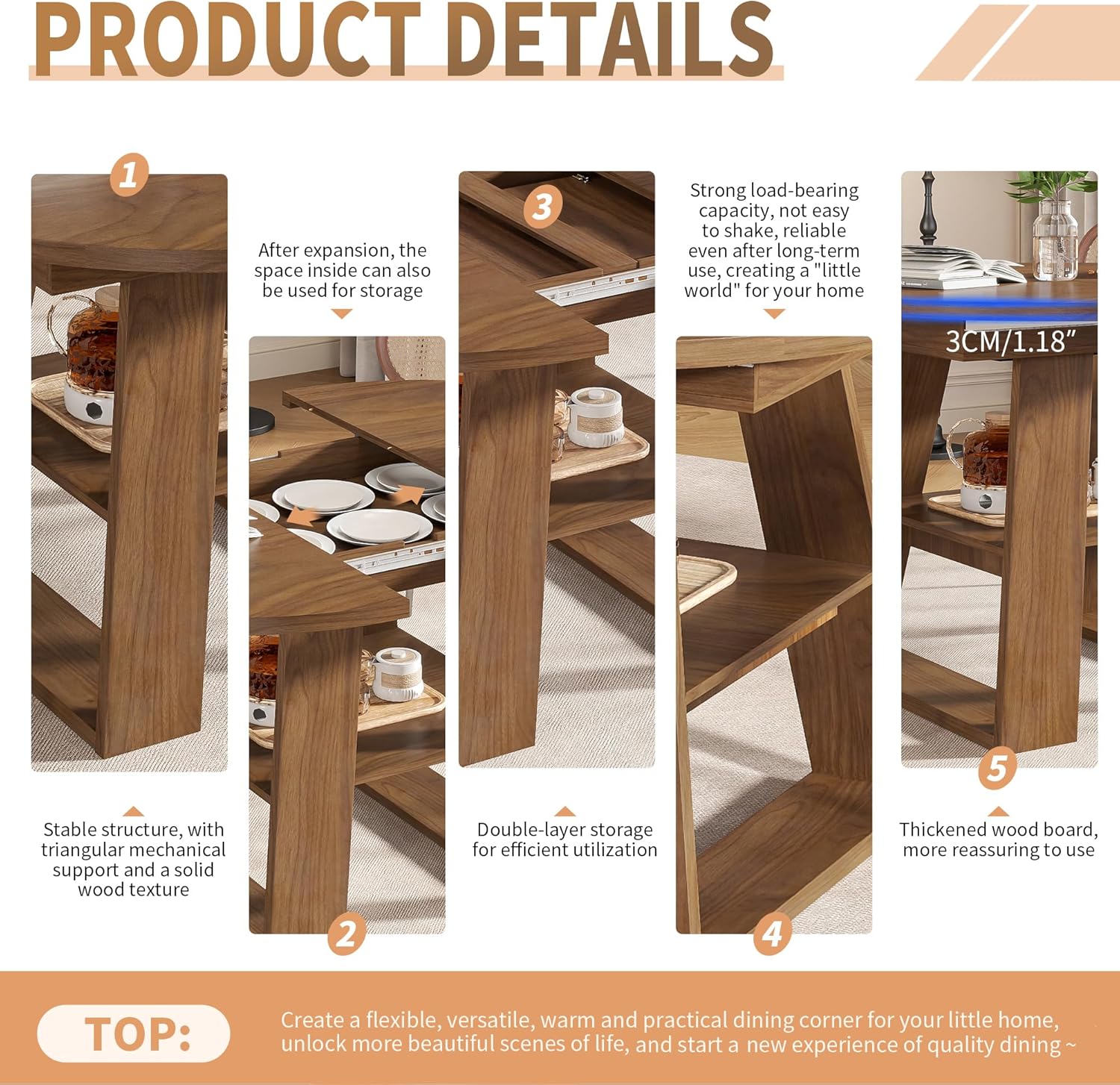 43.3in-59in Extendable Round Dining Table for 4-8, Modern Kitchen Oval Dining Table with Removable Leaves Space Saving, Wood Base with Storage Shelf for Kitchen Living Room, Walnut Style 2