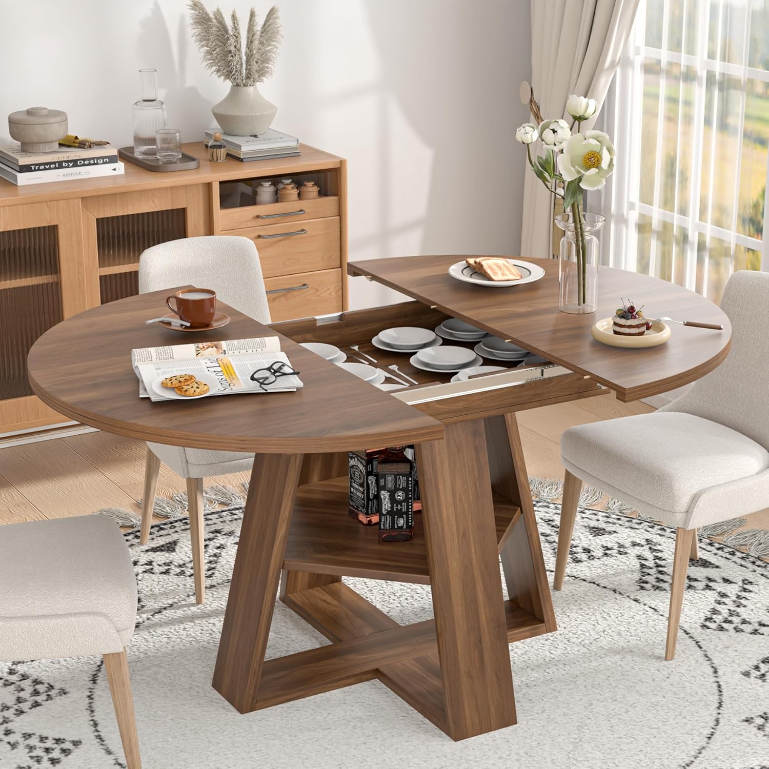 43.3in-59in Extendable Round Dining Table for 4-8,Modern Kitchen Oval Dining Table with Removable Leaves Space Saving,Wood Base with Storage Shelf for Kitchen Living Room (Walnut)