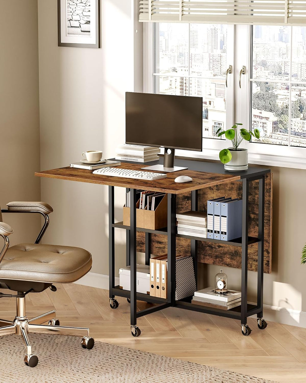 Folding Dining Table, Movable Dining Table, Expandable Kitchen Table, Versatile Table with 6 Wheels and 2-Tier Shelf, for Dining, Living Room, Apartment, Rustic Brown TCZ01BF