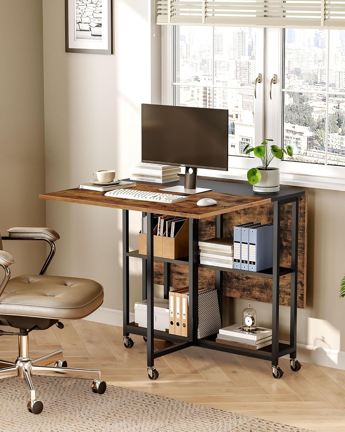 Folding Dining Table, Movable Dining Table, Expandable Kitchen Table, Versatile Table with 6 Wheels and 2-Tier Shelf, for Dining, Living Room, Apartment, Rustic Brown TCZ01BF