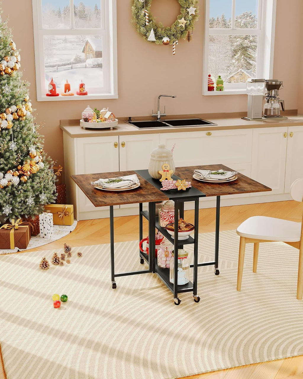 Folding Dining Table, Movable Dining Table, Expandable Kitchen Table, Versatile Table with 6 Wheels and 2-Tier Shelf, for Dining, Living Room, Apartment, Rustic Brown TCZ01BF