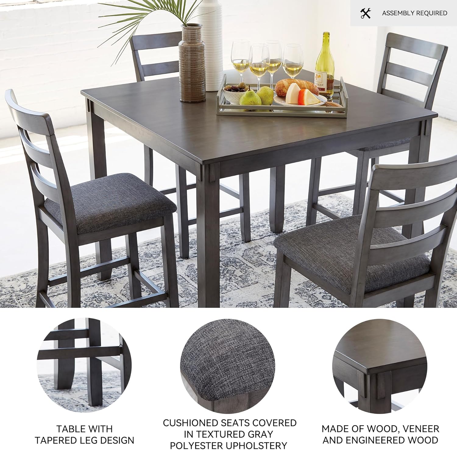 Signature Design by Ashley Bridson 5 Piece Dining Room Set, Includes Table & 4 Ladderback Barstools, Wood, Gray