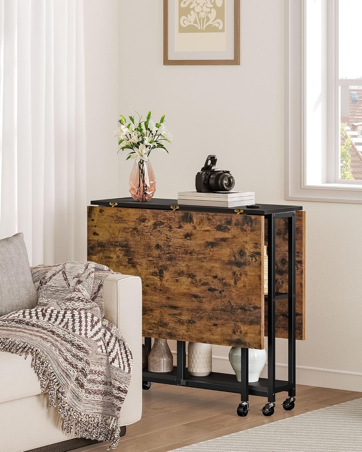 Folding Dining Table, Movable Dining Table, Expandable Kitchen Table, Versatile Table with 6 Wheels and 2-Tier Shelf, for Dining, Living Room, Apartment, Rustic Brown TCZ01BF