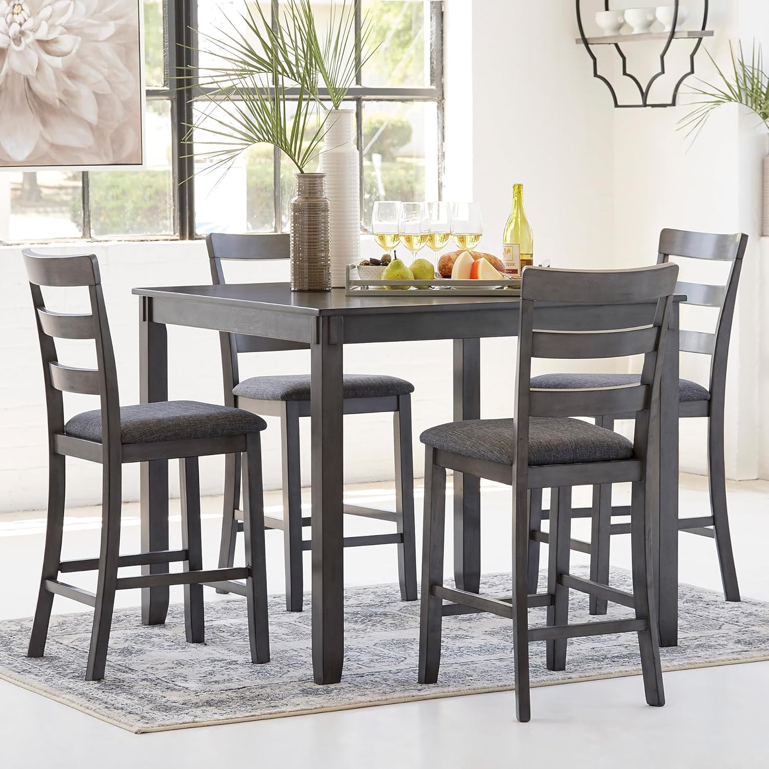 Signature Design by Ashley Bridson 5 Piece Dining Room Set, Includes Table & 4 Ladderback Barstools, Wood, Gray