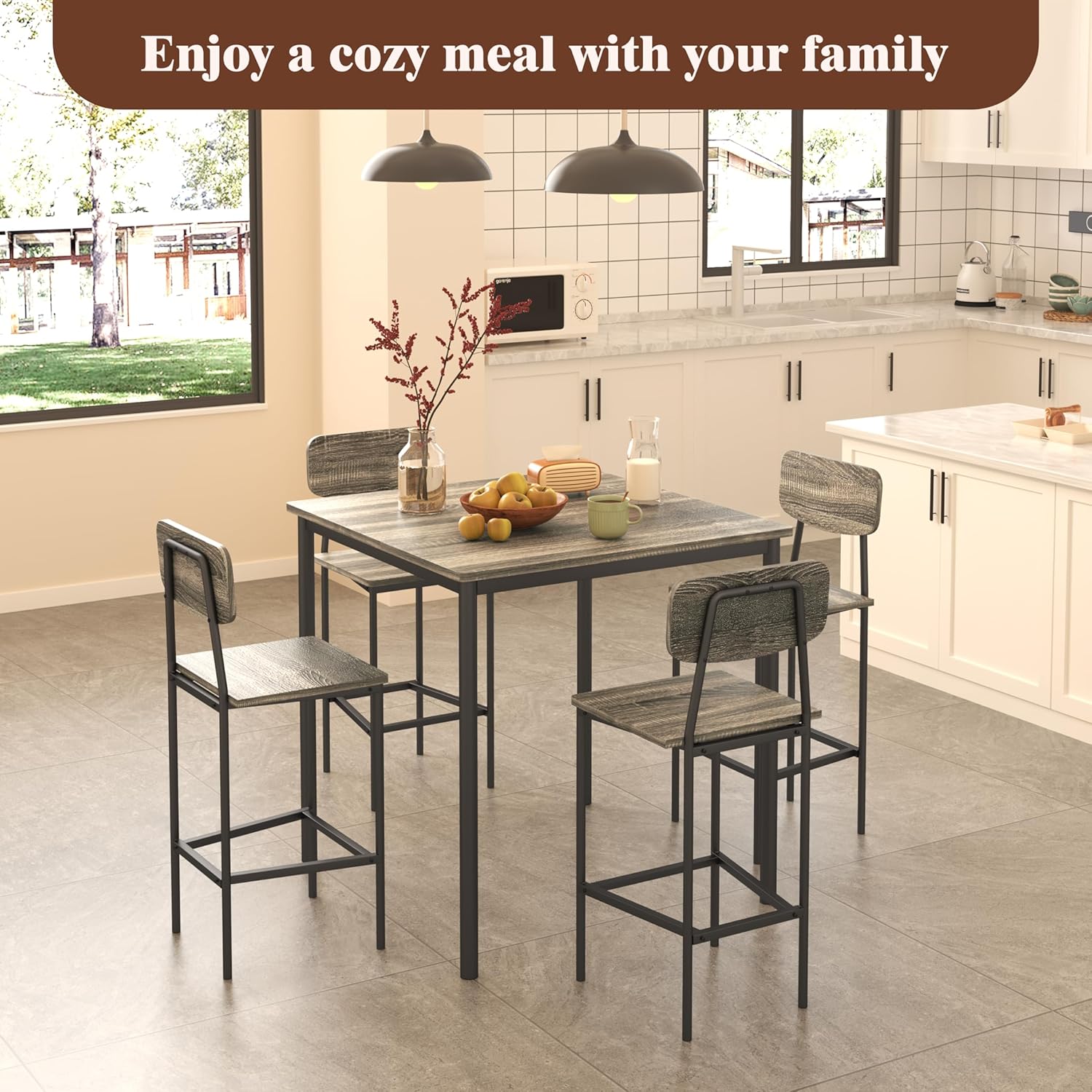 Kitchen Table and Chairs of 4, 5 Piece Dining Table Set, Sturdy Industrial Space Saving Dinette Set for Pub, Family Dinners, Apartment, Gray