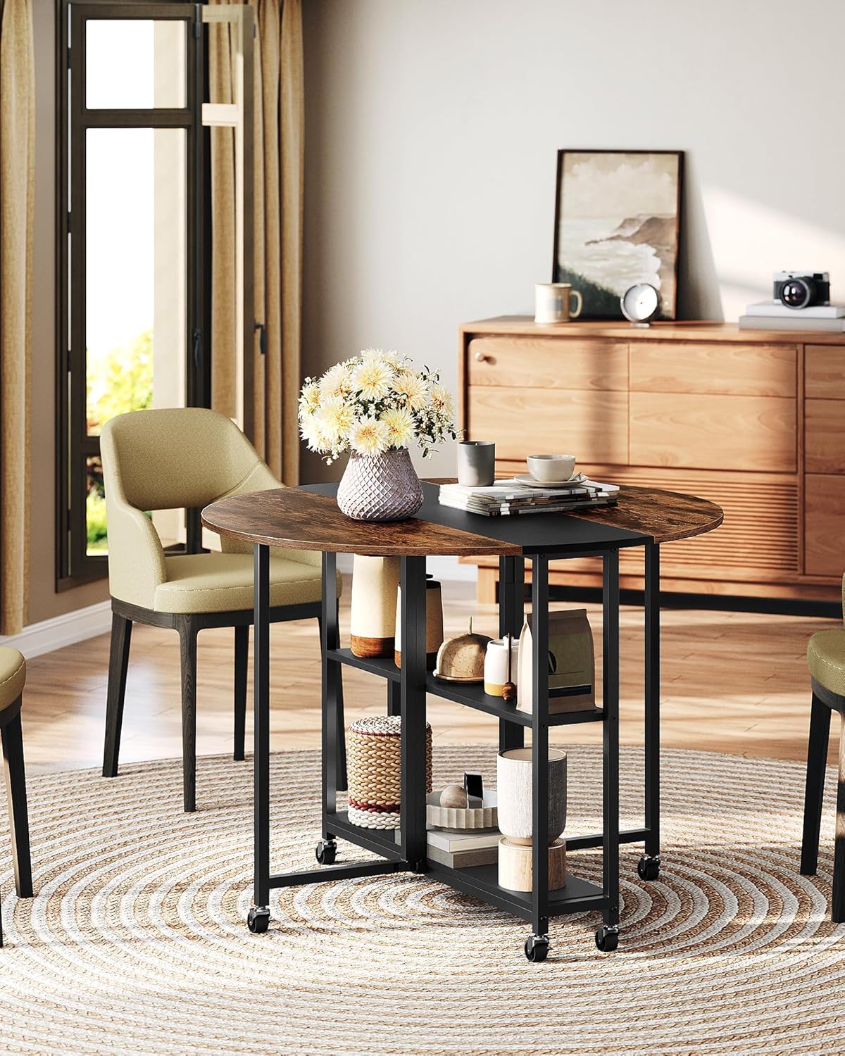 Folding Dining Table, Kitchen Table with 6 Wheels, Folding Round Table with 2-Layer Storage Shelf, Space Saving Dining Table for Small Spaces, Stable, Easy Assembly, Rustic Brown TCZ03BF