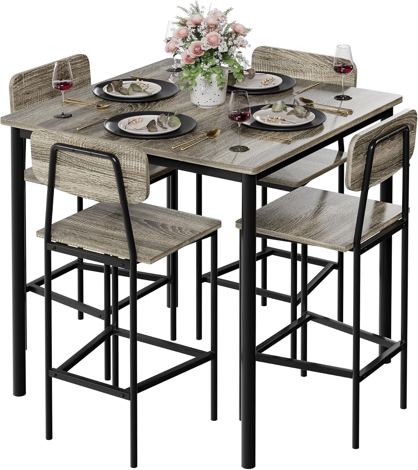 Kitchen Table and Chairs of 4, 5 Piece Dining Table Set, Sturdy Industrial Space Saving Dinette Set for Pub, Family Dinners, Apartment, Gray