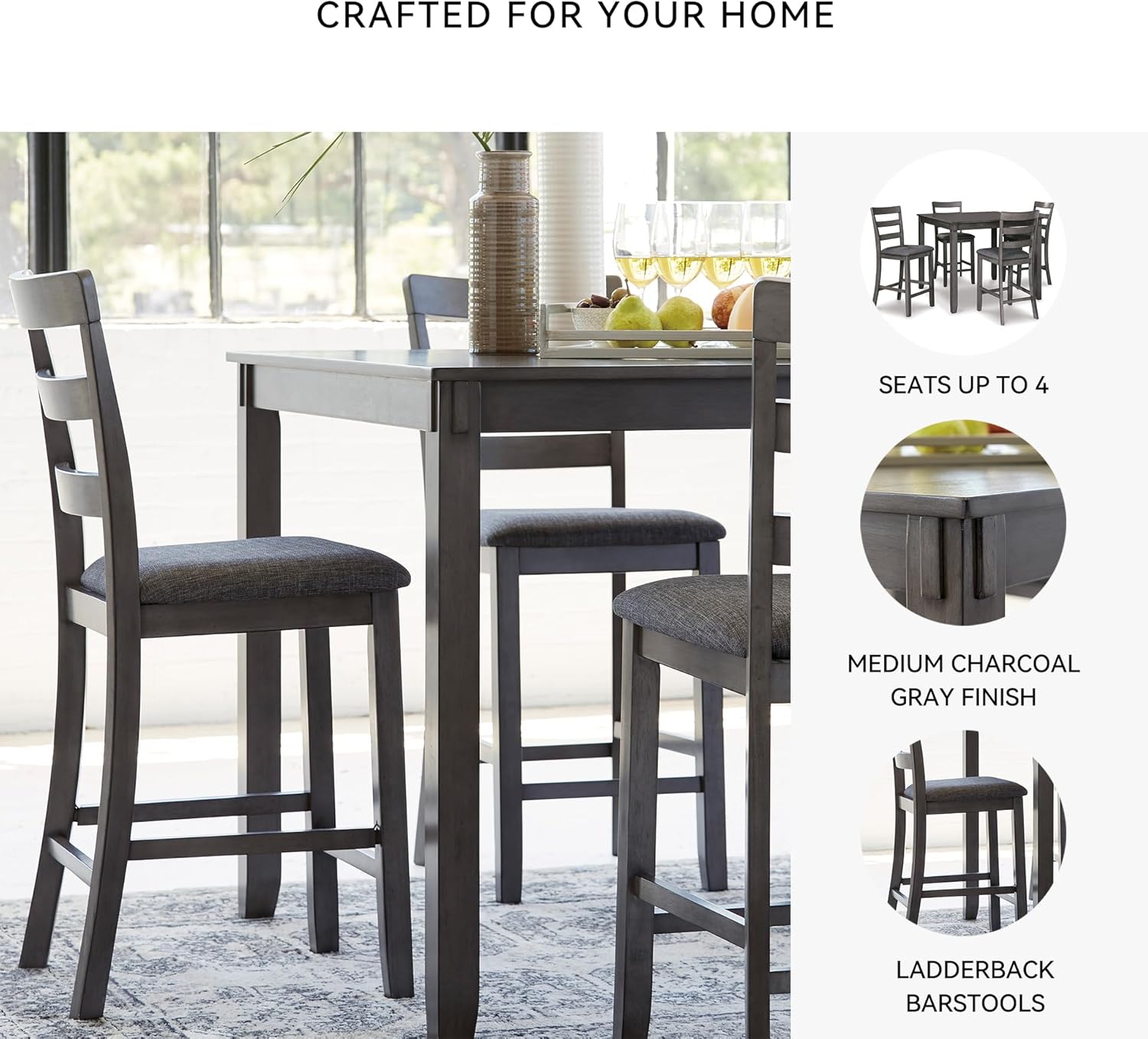 Signature Design by Ashley Bridson 5 Piece Dining Room Set, Includes Table & 4 Ladderback Barstools, Wood, Gray