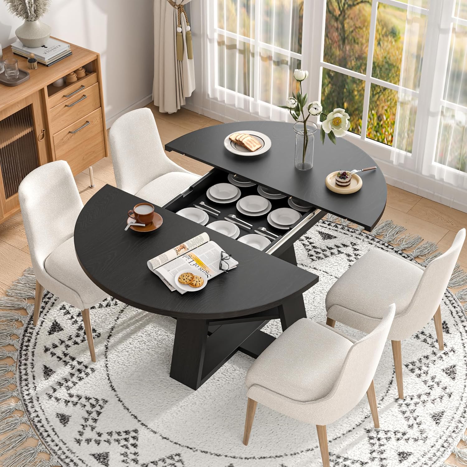 43.3in-59in Extendable Round Dining Table for 4-8,Modern Kitchen Oval Dining Table with Removable Leaves Space Saving,Wood Base with Storage Shelf for Kitchen Living Room (Black)