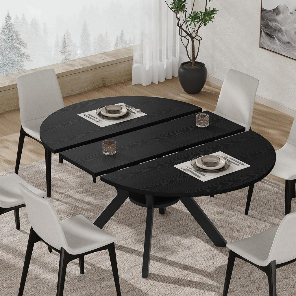 42"-58" Extendable Round Dining Table for 4-6, Kitchen Oval Table with Hidden Leaves & Storage Shelf, Space Saving Modern Design with Sturdy Metal Legs for Kitchen, Dining Room & Small Apartments