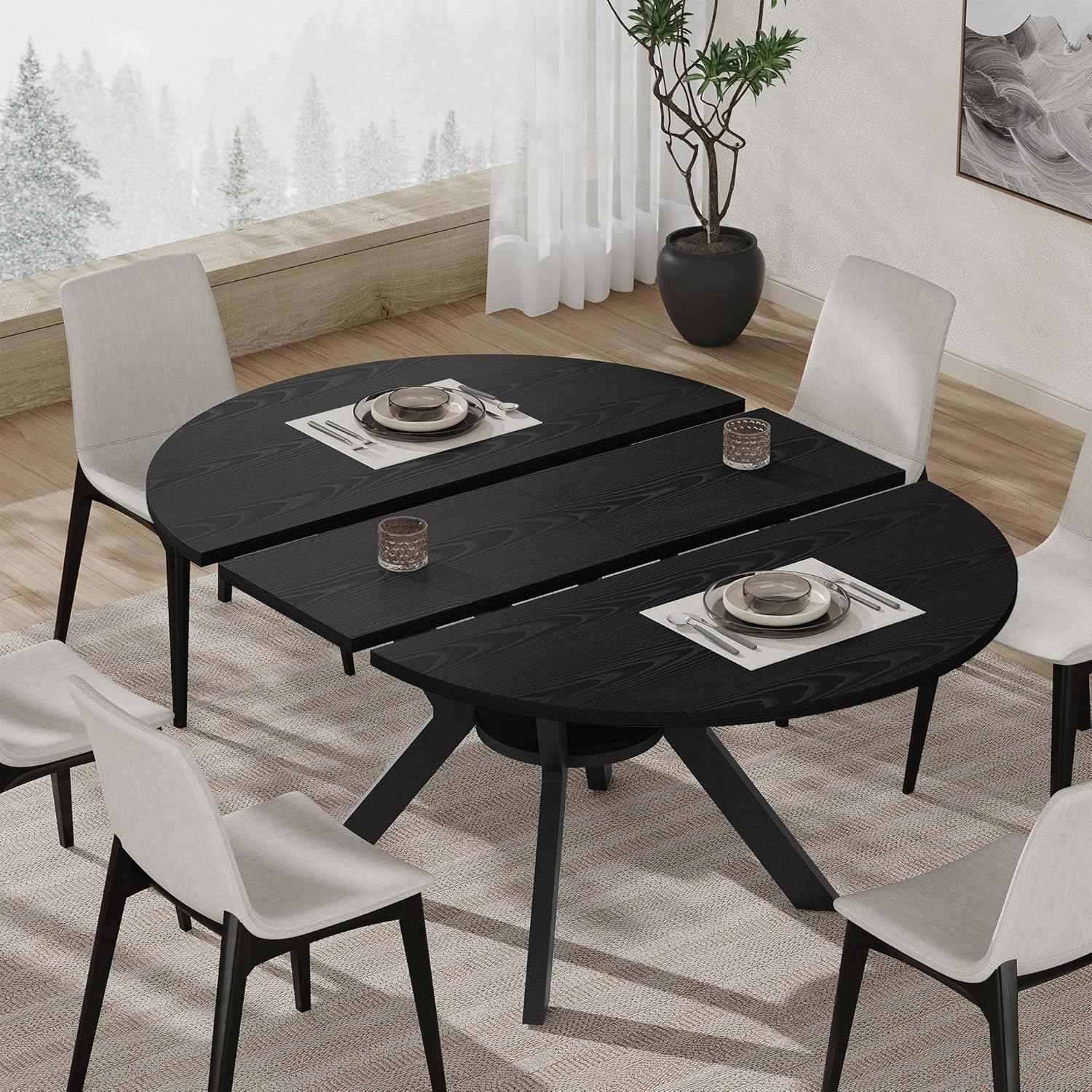 42"-58" Extendable Round Dining Table for 4-6, Kitchen Oval Table with Hidden Leaves & Storage Shelf, Space Saving Modern Design with Sturdy Metal Legs for Kitchen, Dining Room & Small Apartments