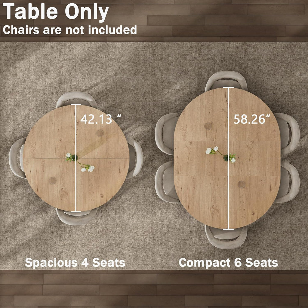 42"-58" Extendable Round Dining Table for 4-6, Kitchen Oval Table with Hidden Leaves & Storage Shelf, Space Saving Modern Design with Sturdy Metal Legs for Kitchen, Dining Room & Small Apartments