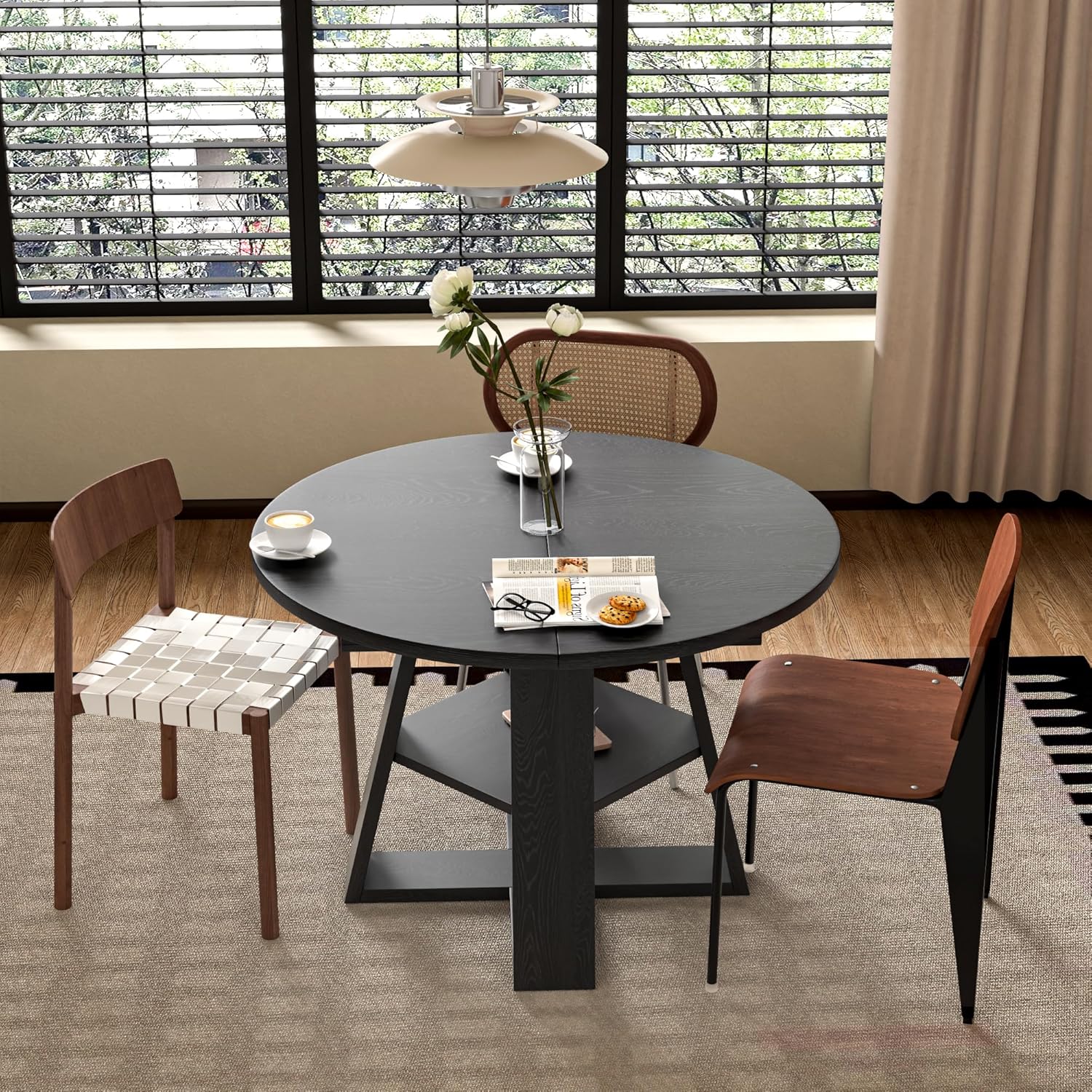 43.3in-59in Extendable Round Dining Table for 4-8,Modern Kitchen Oval Dining Table with Removable Leaves Space Saving,Wood Base with Storage Shelf for Kitchen Living Room (Black)