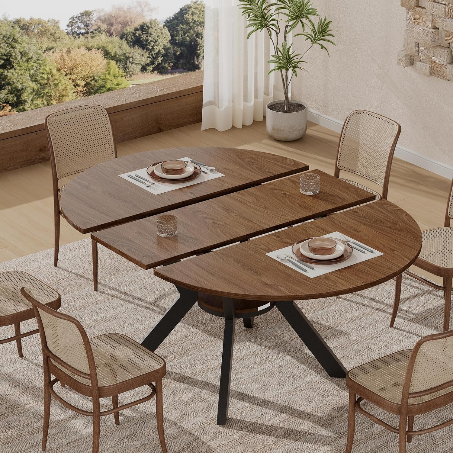 42"-58" Extendable Round Dining Table for 4-6, Kitchen Oval Table with Hidden Leaves & Storage Shelf, Space Saving Modern Design with Sturdy Metal Legs for Kitchen, Dining Room & Small Apartments