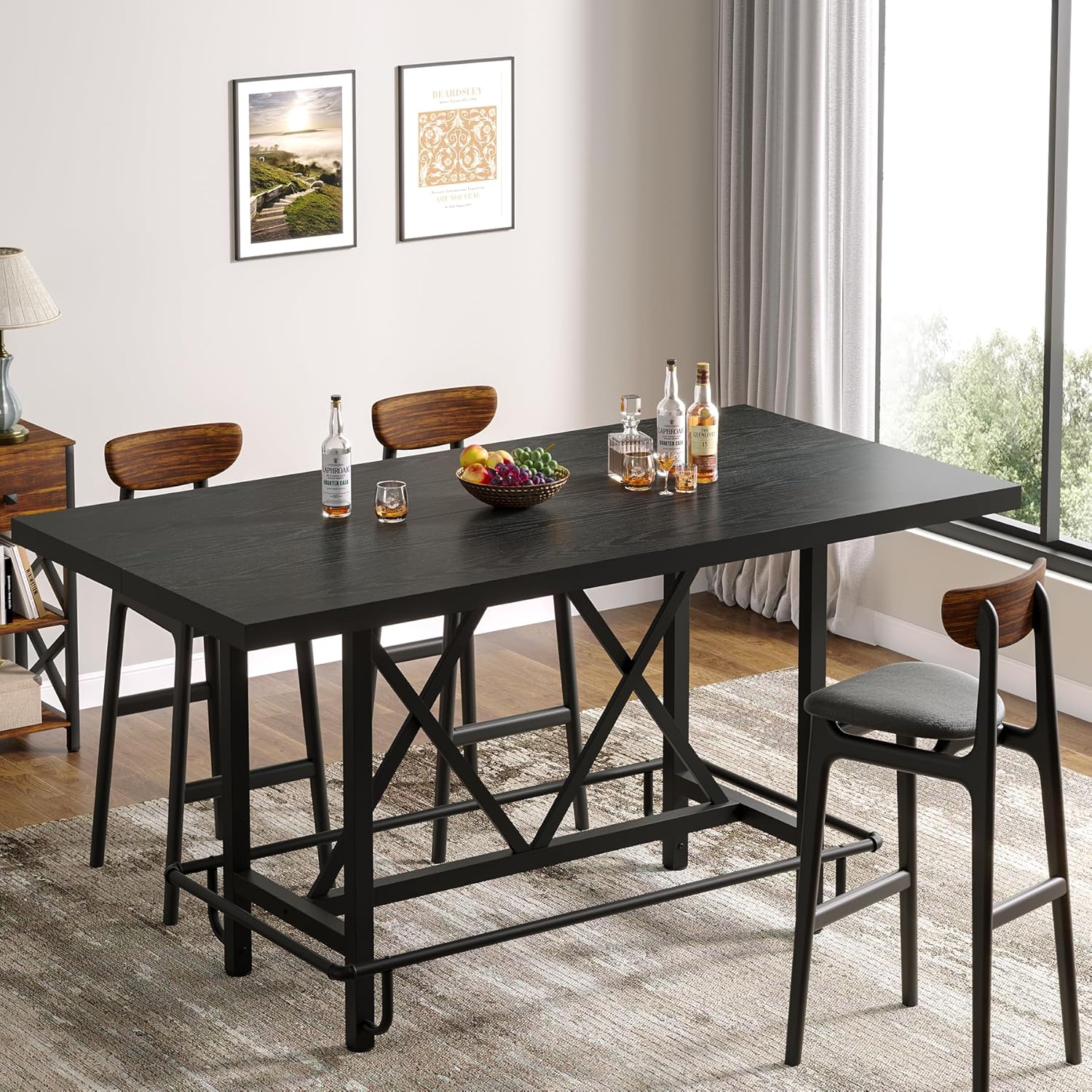 Tribesigns Bar Table, Industrial Counter Height Pub Table with Metal Footrest, 63-Inch Rectangle Wood Kitchen Dining Table with Sturdy Metal Frame for Dining Room, Home Bar (Brown)