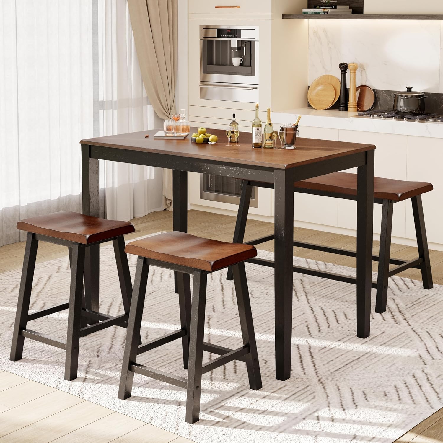 PHI VILLA Kitchen Table with Bench and Chairs, Counter Height Table and Chairs, Solid Wood Small Dining Table Set for 4, High Top Kitchen Table Chairs Set of 4, Walnut with Black