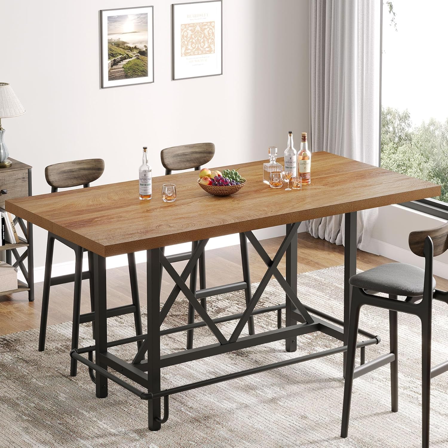 Tribesigns Bar Table, Industrial Counter Height Pub Table with Metal Footrest, 63-Inch Rectangle Wood Kitchen Dining Table with Sturdy Metal Frame for Dining Room, Home Bar (Brown)