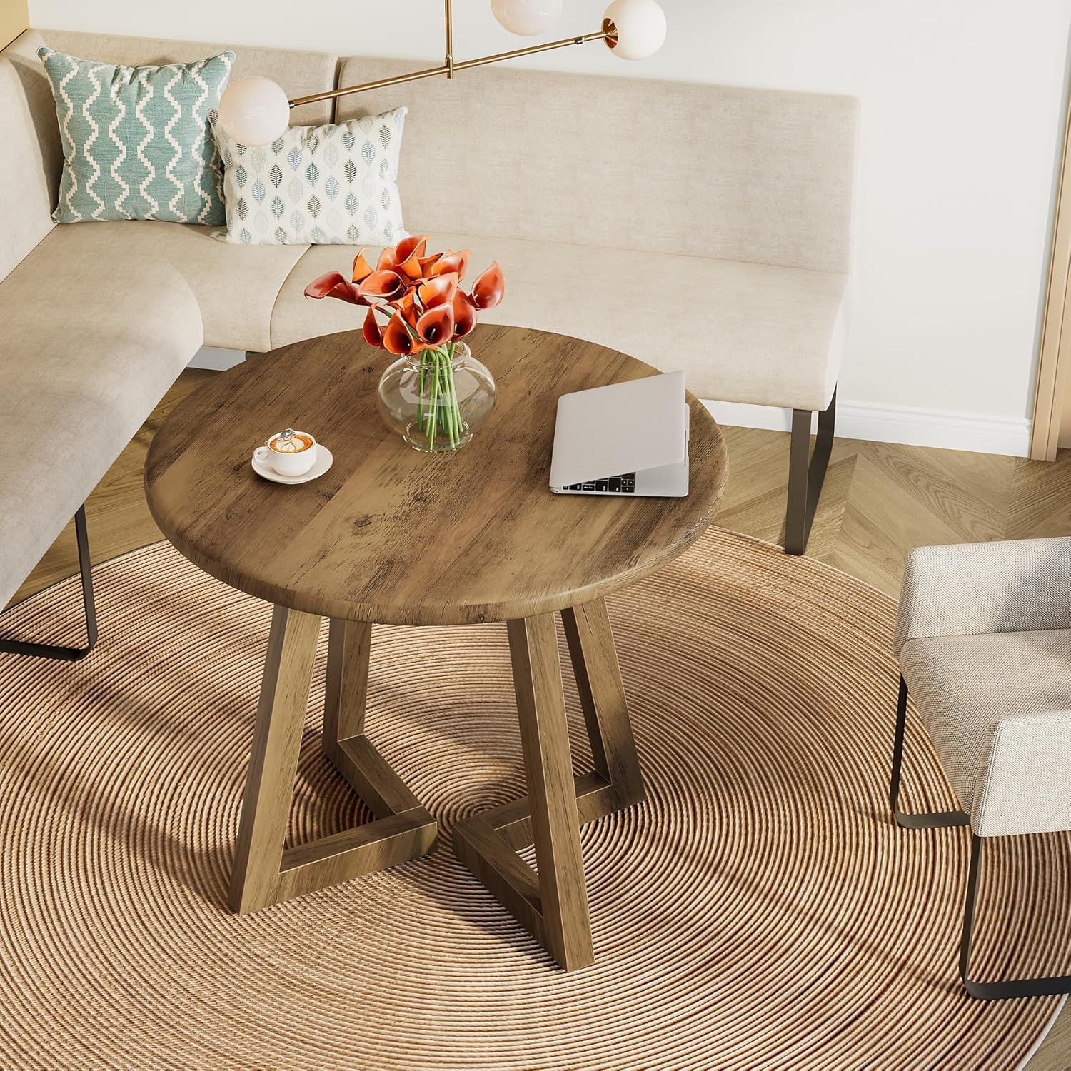 Tribesigns Small Round Conference Table for 4 People, 31.5-Inch Office Table, Reception Desk for Conference Room, Negotiation Room (Brown)