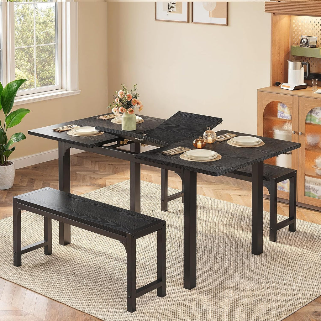 Ahomly 63“ Large Extendable Dining Table Set for 4-6 with 180° Smart-Flip Pivot, Kitchen Table Set with Bench, Dining Room Table with Metal Frame & MDF Board, Perfect for Small Space, Black