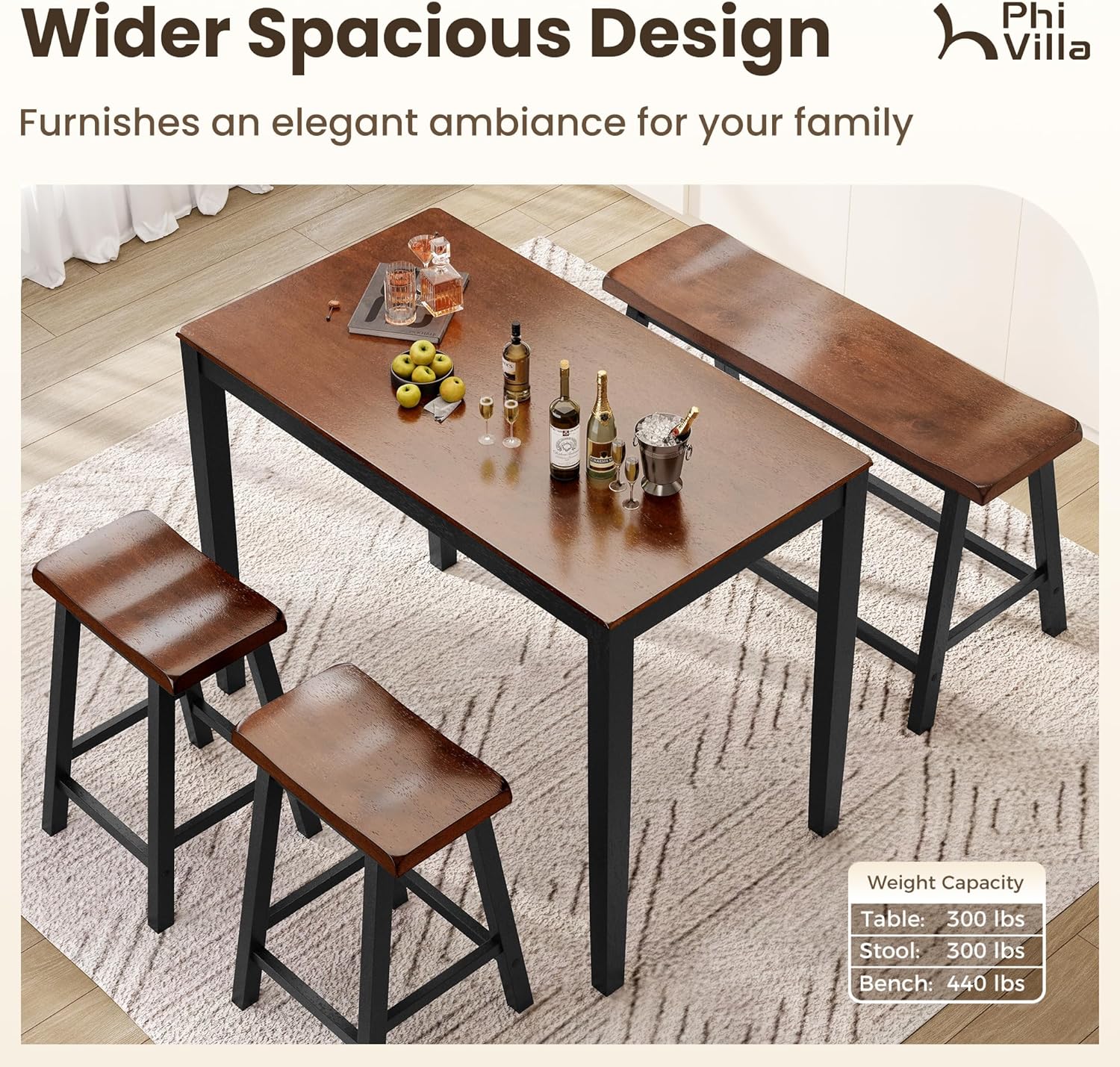 PHI VILLA Kitchen Table with Bench and Chairs, Counter Height Table and Chairs, Solid Wood Small Dining Table Set for 4, High Top Kitchen Table Chairs Set of 4, Walnut with Black