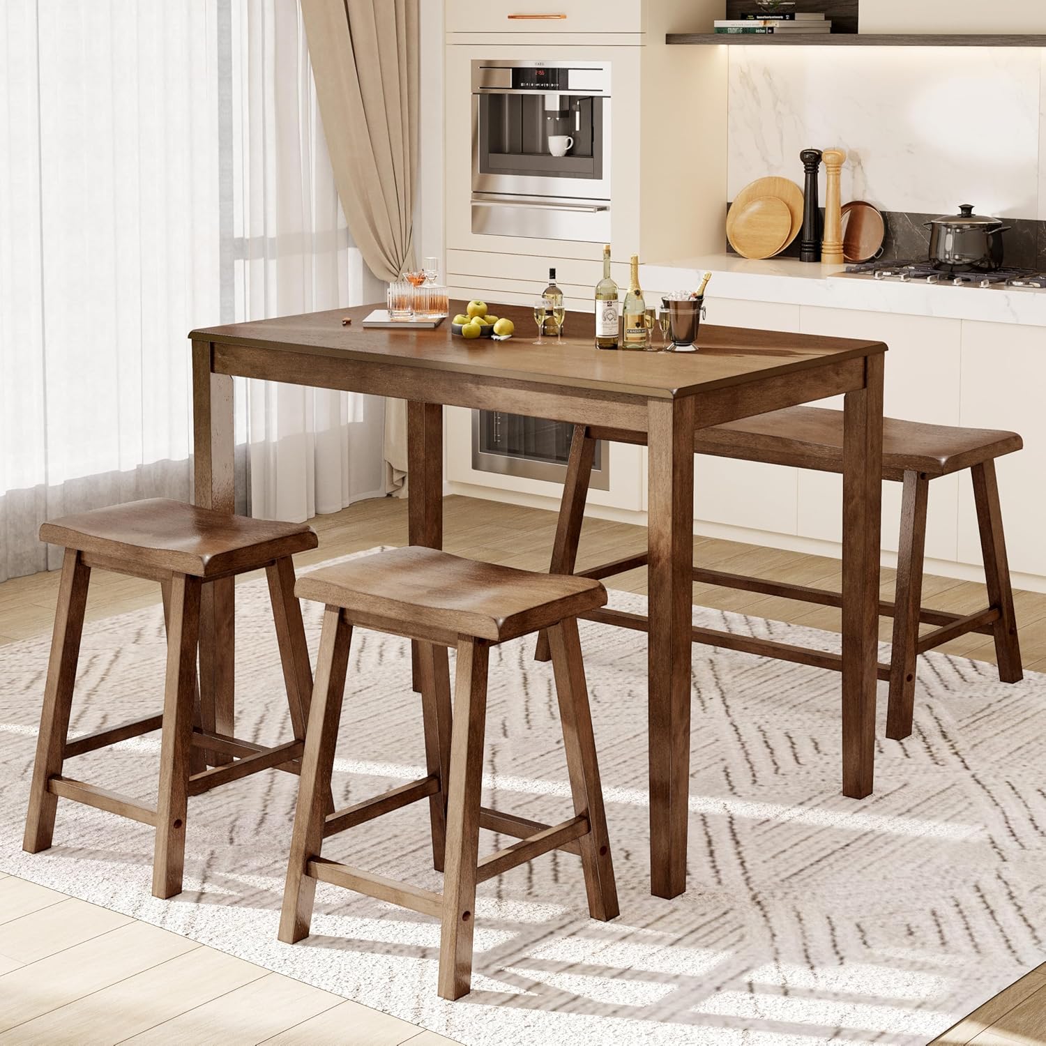 PHI VILLA Kitchen Table with Bench and Chairs, Counter Height Table and Chairs, Solid Wood Small Dining Table Set for 4, High Top Kitchen Table Chairs Set of 4, Walnut with Black