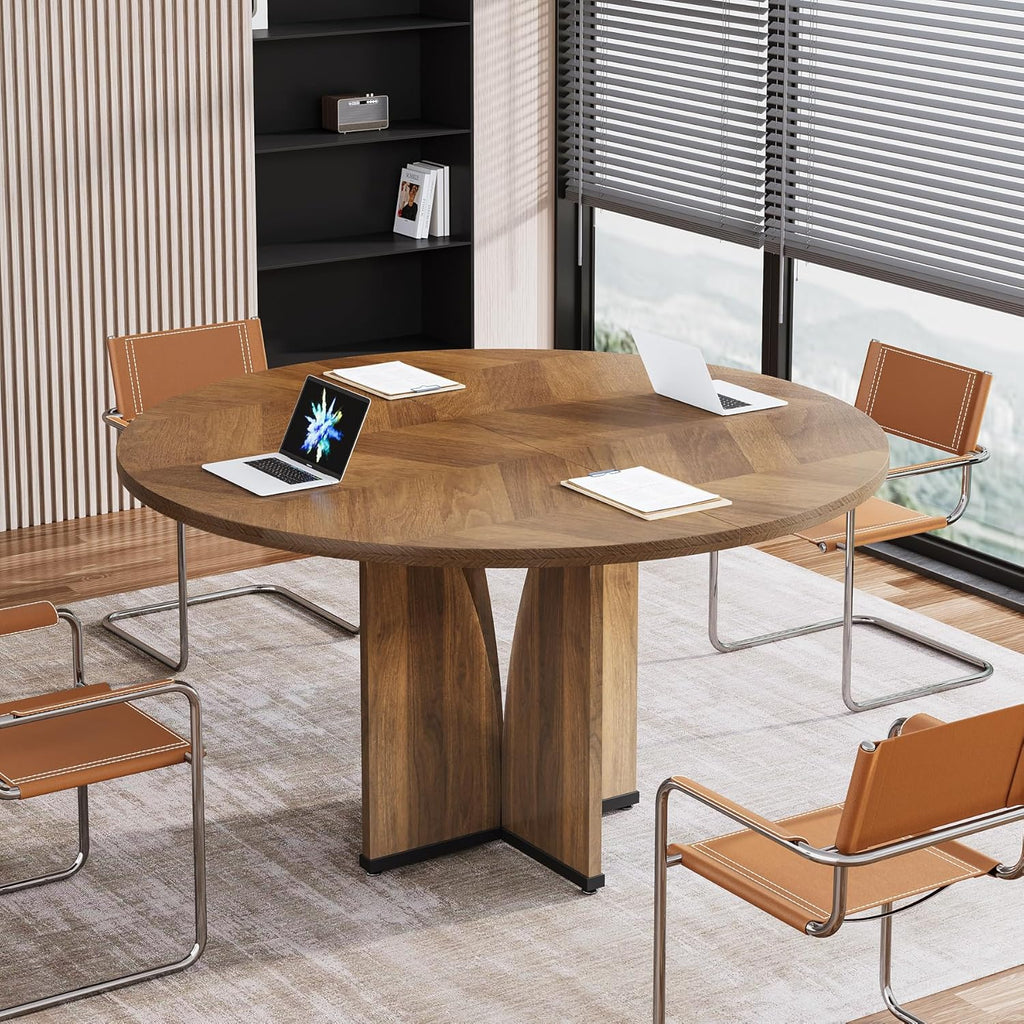 Tribesigns 39" Round Conference Table for 4, Modern Round Meeting Table with Sturdy Base, Small Compact Conference Room Tables for Office, Training, or Negotiation (Brown)