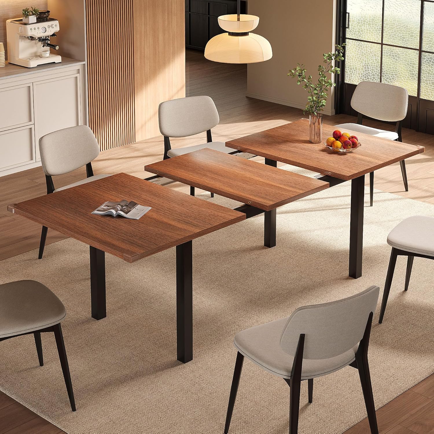 Modern Extendable Dining Table for 4-6, 63" Farmhouse Kitchen Table, Rectangular Dining Room Tables for Dining, Kitchen, Office, Living Room, Wooden Tables, Space Saving (Espresso)