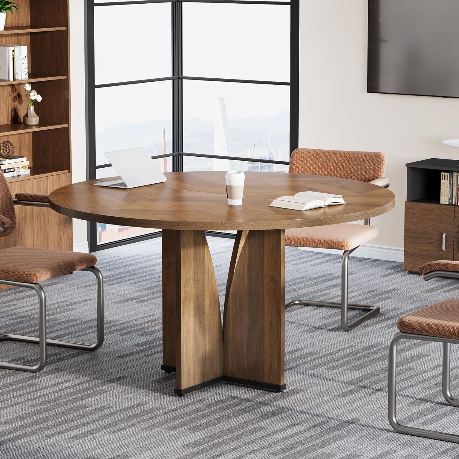 Tribesigns 39" Round Conference Table for 4, Modern Round Meeting Table with Sturdy Base, Small Compact Conference Room Tables for Office, Training, or Negotiation (Brown)