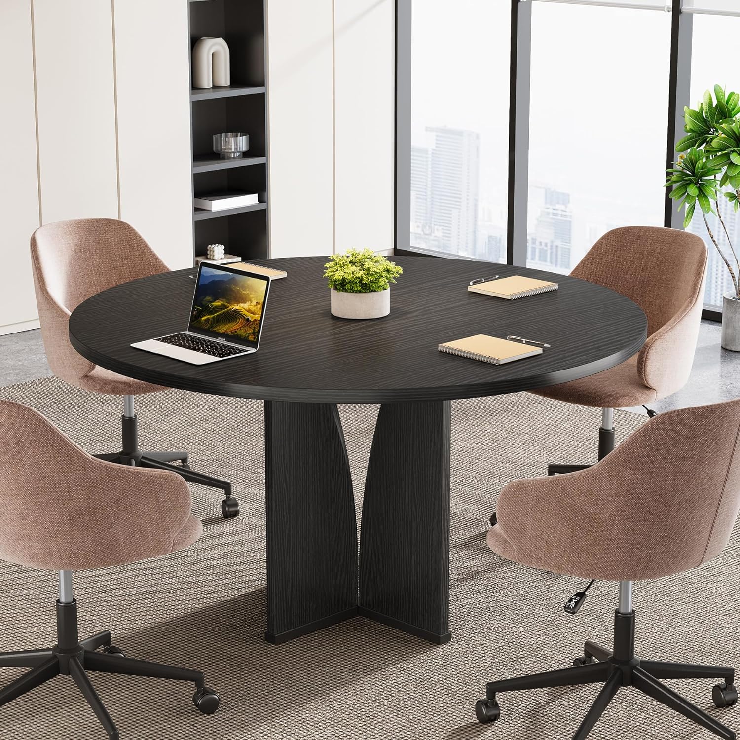 Tribesigns 39" Round Conference Table for 4, Modern Round Meeting Table with Sturdy Base, Small Compact Conference Room Tables for Office, Training, or Negotiation (Vintage Brown)