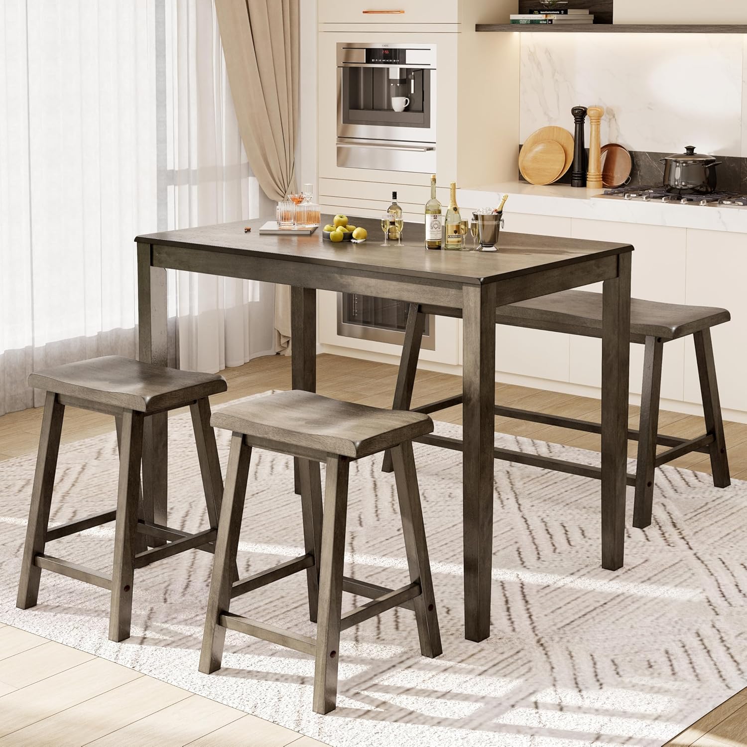 PHI VILLA Kitchen Table with Bench and Chairs, Counter Height Table and Chairs, Solid Wood Small Dining Table Set for 4, High Top Kitchen Table Chairs Set of 4, Walnut with Black