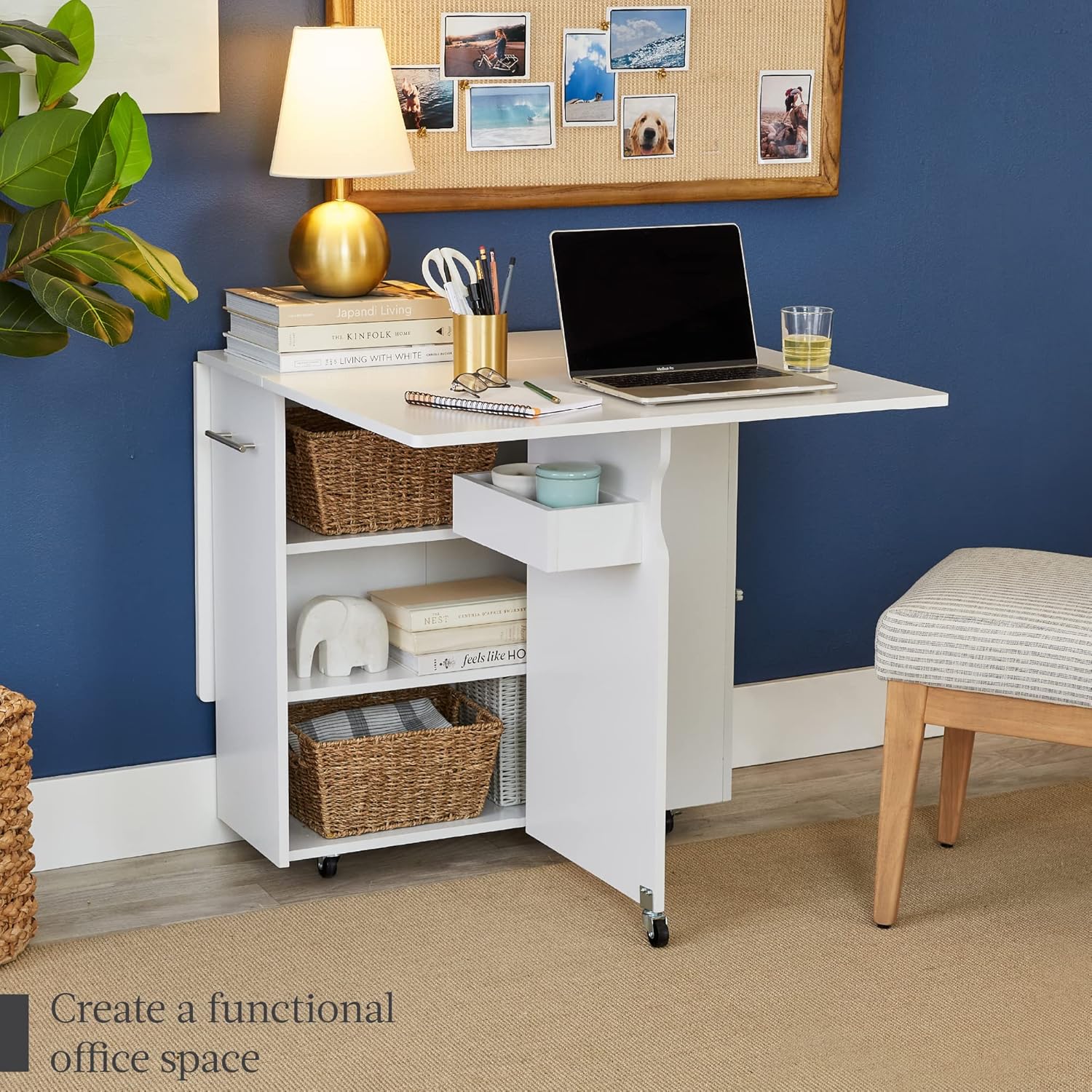 Best Choice Products Folding Dining Table, Multipurpose Space Saving Collapsible Drop Leaf Extension Desk w/Wheels, 3 Storage Shelves - White