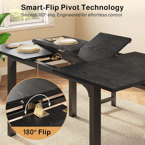 Ahomly 63“ Large Extendable Dining Table Set for 4-6 with 180° Smart-Flip Pivot, Kitchen Table Set with Bench, Dining Room Table with Metal Frame & MDF Board, Perfect for Small Space, Black